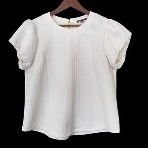Laurel Grey Textured Puff Sleeve Top Womens Large Ivory Cable Knit